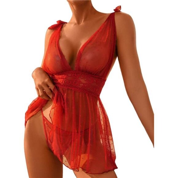 Tops - Burgundy Women's 2 Piece Polka Dots Lace Sheer Mesh V Neck Babydoll Lingerie Set